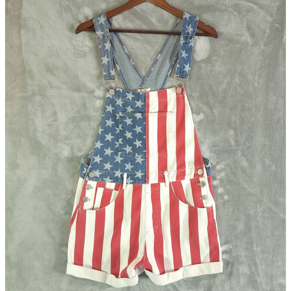 BiBi American Flag Denim Short Overalls Womens Small Patriotic Stars Stripes 4th